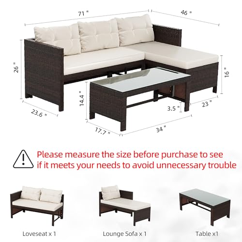 3-Piece Outdoor Patio Furniture Sets, Wicker Patio Conversation Sets, All Weather Wicker Rattan Patio Seating Sofas with Glass Coffee Table and Cushion, Beige