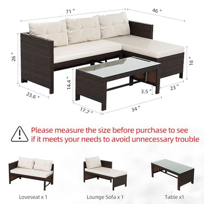 3-Piece Outdoor Patio Furniture Sets, Wicker Patio Conversation Sets, All Weather Wicker Rattan Patio Seating Sofas with Glass Coffee Table and Cushion, Beige
