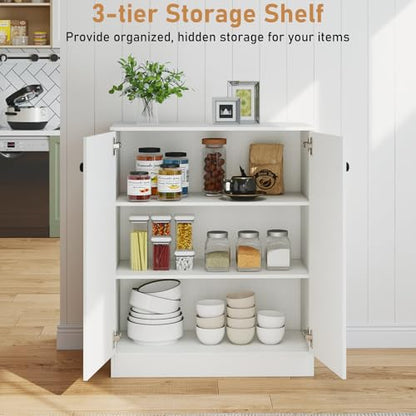 2-Door Storage Cabinet, Modern Floor Cabinet with 3-Tier Shelf, Freestanding Side Cabinet with Anti-Toppling Device, Storage Organizer for Living Room, Kitchen, Dining Room, Entryway (White)