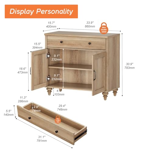 34’‘ Oak Buffet Cabinet with Doors and Drawer, Wood Kitchen Storage Cabinet Modern Farmhouse Coffee Bar Table Sideboard Credenza for Dining Room