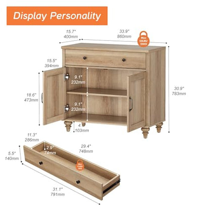 34’‘ Oak Buffet Cabinet with Doors and Drawer, Wood Kitchen Storage Cabinet Modern Farmhouse Coffee Bar Table Sideboard Credenza for Dining Room