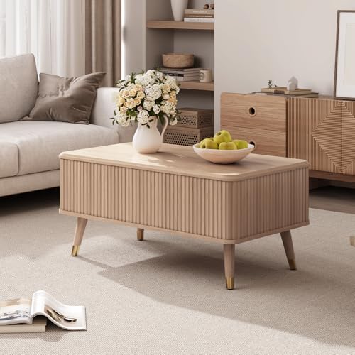 Lift Top Coffee Table with Storage, Mid Century Modern Coffee Table with Solid Wood Legs, 38" Minimalist Fluted Center Table for Living Room, Home Office, Natural Oak