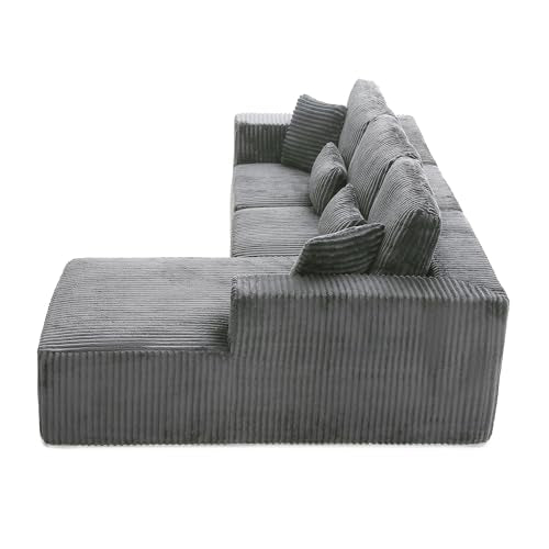 109" Modular L-Shaped Corner Cloud Sofa Corduroy Modular Couches with Deep Seat, 3 Pieces Compressed Boneless Sofa W/Right Chaise Lounge and 4 Pillows for Living Room