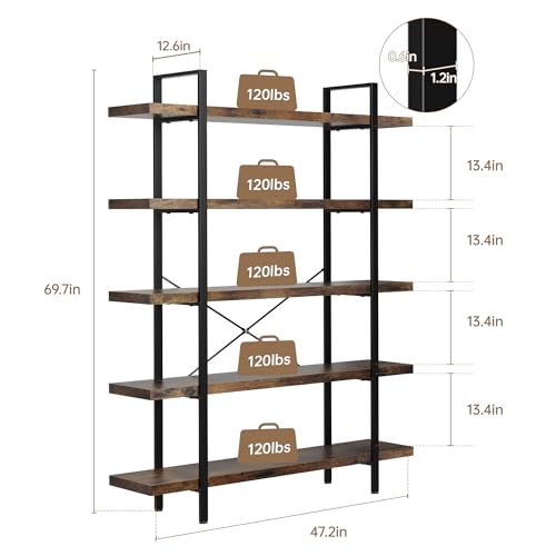 Heavy Duty 5 Tier Industrial Bookcase for Home Office, Rustic Brown, view 3