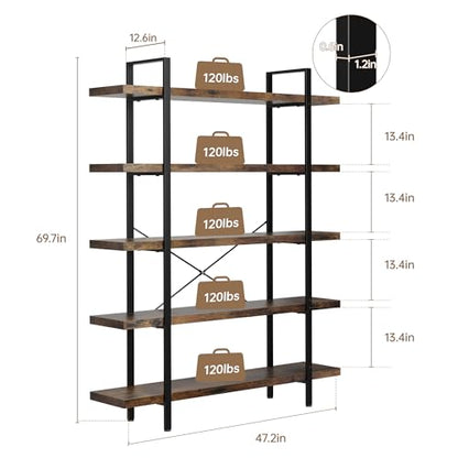 Heavy Duty 5 Tier Industrial Bookcase for Home Office, Rustic Brown, view 3