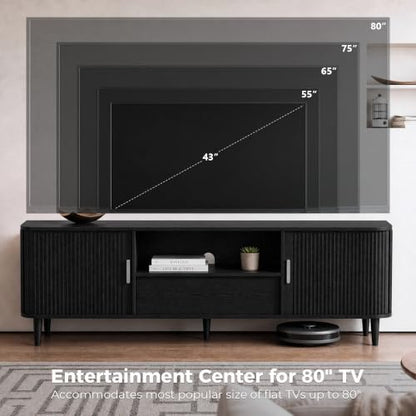 Mid-Century Modern Fluted TV Stand for 65/70/75/80 TVs, Black, view 4
