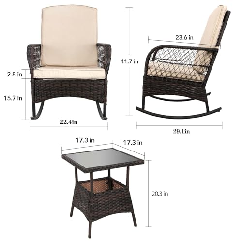 3 pcs Rocking Bistro Set Conversation Chairs PE Wicker Outdoor Rocking Chairs & Glass Table,for Porch Lawn Garden Backyard Deck(Rocking Set,Khaki)