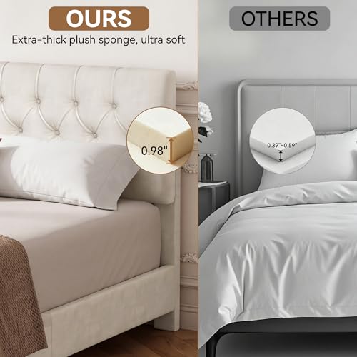 Queen Upholstered Bed Frame, White Velvet Cloud Platform Bed, view 5