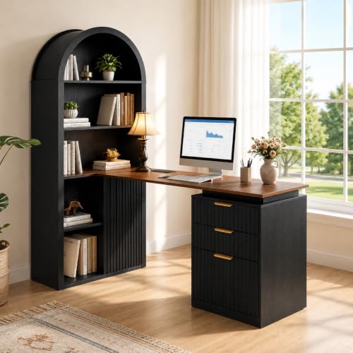 61" L Shaped Desk with Arched Bookshelf Hutch, view 2