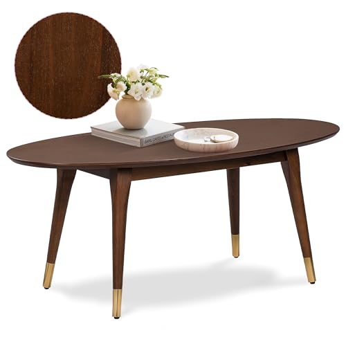 Clemintine Oval Coffee Table, Mid-Century Modern Wood Cocktail Table with Walnut Brown Finish and Brass-Capped Legs for Living Room