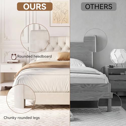 Queen Upholstered Bed Frame, White Velvet Cloud Platform Bed, view 6