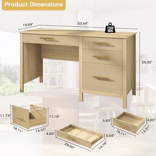 Executive Desk with Drawers: 54" Oak Home Office Desks with File Drawer, view 3