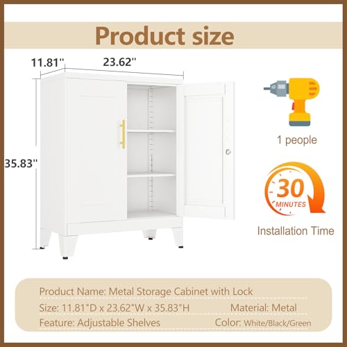36" White Floor Storage Cabinet, Locked Metal Storage Cabinets with 2 Doors and 2 Adjustable Shelves, Sideboard Buffet Cabient, Freestanding Cabinet for Home/Office/Garage/Tool Room/Bathroom