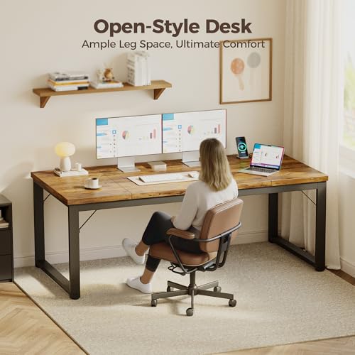 63 Inch Large Computer Desk with Power Outlets, 1.2" Thick Heavy Duty Industrial Office Desk, Modern Simple Study Writing Table for Home Office Bedroom Workstation, Brown