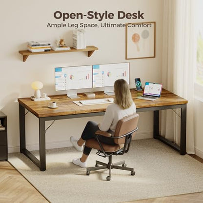 63 Inch Large Computer Desk with Power Outlets, 1.2" Thick Heavy Duty Industrial Office Desk, Modern Simple Study Writing Table for Home Office Bedroom Workstation, Brown