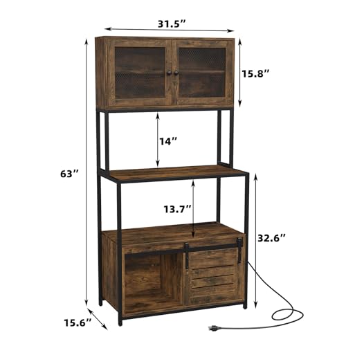 6-Tier Kitchen Bakers Rack with Power Outlet, Industrial Microwave Oven Stand with Shelves, Kitchen Utility Storage Shelf with Cabinet, Standing Storage Rack (Rustic Brown)