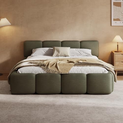 Queen Linen Blend Platform Bed, Thick Headboard and Footboard, Green, view 2