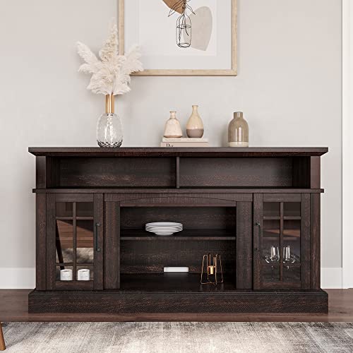 Traditional 58 Inch Rustic Wood TV Stand & Media Entertainment Center Console Table for TVs up to 65 Inches with Open Storage Shelves & Cabinets - Astorga (Espresso)