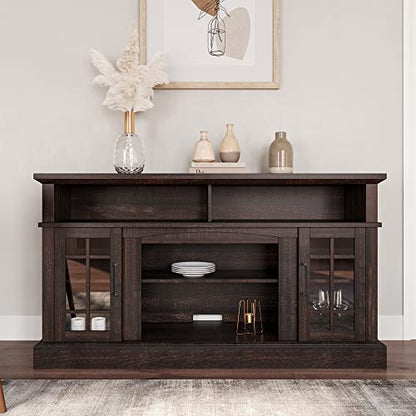 Traditional 58 Inch Rustic Wood TV Stand & Media Entertainment Center Console Table for TVs up to 65 Inches with Open Storage Shelves & Cabinets - Astorga (Espresso)