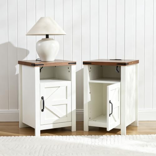 White Farmhouse End Table with Charge Set of 2, Rustic Nightstand with Barn Door and Shelf, Bedside Table with Charging Station for Living Room, Bedroom