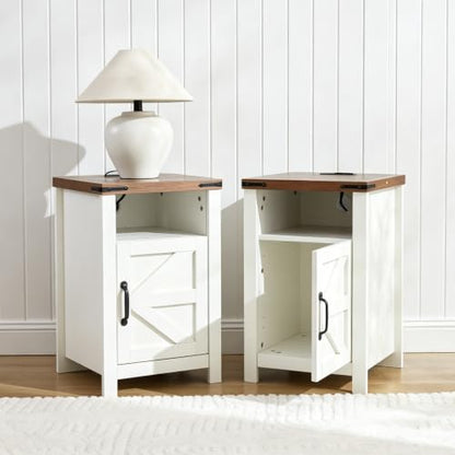 White Farmhouse End Table with Charge Set of 2, Rustic Nightstand with Barn Door and Shelf, Bedside Table with Charging Station for Living Room, Bedroom