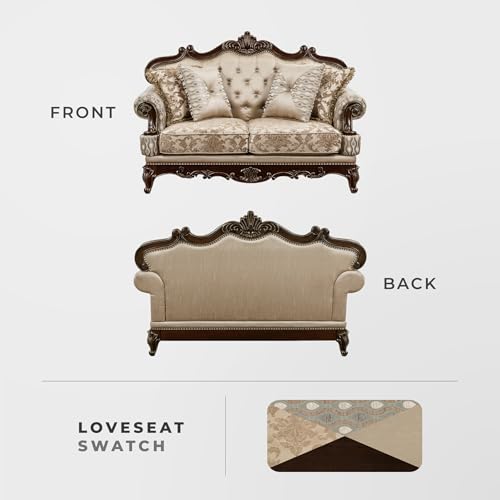 Traditional Sofa Couch for Living Room, Rolled Arm Sofa with 4 Accent Pillows, Tufting, Queen Legs in Cherry Finish with Gold Tipping, Upholstered Living Room Furniture, 2 Seater Couch, Brown
