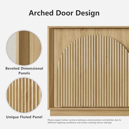 Fluted Sideboard Buffet Cabinet with Storage, 65" Modern Accent Cabinet with Double-Layered Arch Doors, Wood Boho Media TV Console Table Credenza for Living Dining Room Hallway Entryway, Oak