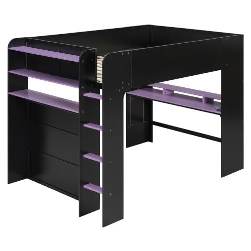 Full Size Wood Bunk Bed with Height-Adjustable Desk, Wardrobe, Open Shelves