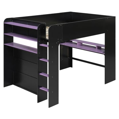 Full Size Wood Bunk Bed with Height-Adjustable Desk, Wardrobe, Open Shelves