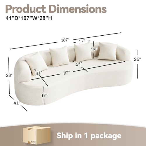 107" Curved Sofa for Living Room, Modern Chenille Cloud Couch Sofa, Luxury Plush Extra Deep 4-Seater Oversized Boucle Couch for Small Spaces, Apartment‌, No Assembly Required, Cream White
