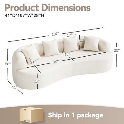 107" Curved Sofa for Living Room, Modern Chenille Cloud Couch Sofa, Luxury Plush Extra Deep 4-Seater Oversized Boucle Couch for Small Spaces, Apartment‌, No Assembly Required, Cream White