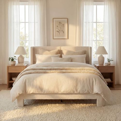 Queen Bed Frame with USB Ports & Wingback Headboard, Cream White, view 4