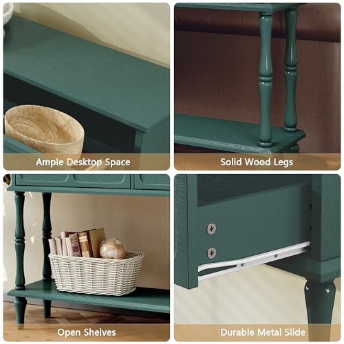 Mid-Century Console Table for Entryway with 2 Drawers, Green Entryway Table with Storage Cabinets and Open Shelf, Narrow Long Couch Table Behind Sofa for Living Room, Foyer, Hallway