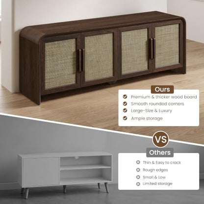 65" Rattan TV Stand with Storage for 75" TV,Dark Walnut, view 6