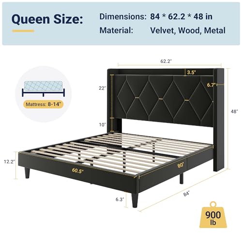 Queen Size Bed Frame with Storage Shelf & Charging Station, Black, view 3