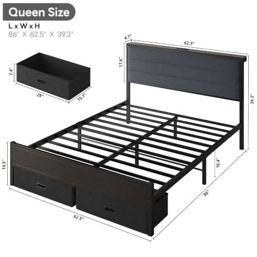 Queen Size Bed Frame with 2 Storage Drawers, Upholstered Headboard, view 3
