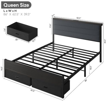 Queen Size Bed Frame with 2 Storage Drawers, Upholstered Headboard, view 3