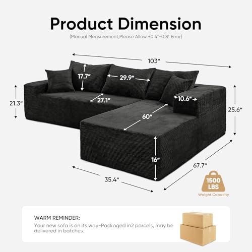 103" L Shaped Sectional Boneless Couch for Living Room, Modular Cloud Sofa | Modern Comfy Deep Seat Memory Foam Couch in Box, No Assembly, Right Facing Chaise (1CM Wide Striped Corduroy, Black)