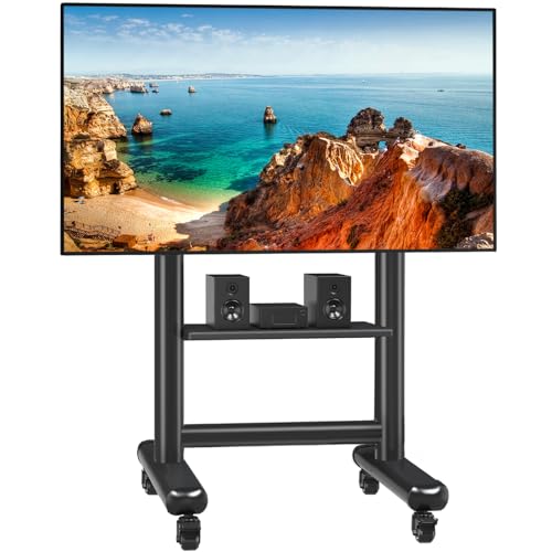 Heavy Duty Rolling TV Stand for 50-98 Inch TVs Holds up to 200 Lbs | Outdoor TV Stand with Height Adjustment and Large Shelf, Floor TV Stand with Wheels, Max VESA 800x600mm, Black