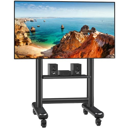 Heavy Duty Rolling TV Stand for 50-98 Inch TVs Holds up to 200 Lbs | Outdoor TV Stand with Height Adjustment and Large Shelf, Floor TV Stand with Wheels, Max VESA 800x600mm, Black