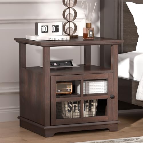 24''Tall End Table with Charging Station, Adjustable Shelf, Storage Side Table,21" Large Nightstand for Living Room, Bedroom,Espresso