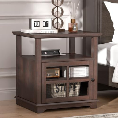 24''Tall End Table with Charging Station, Adjustable Shelf, Storage Side Table,21" Large Nightstand for Living Room, Bedroom,Espresso