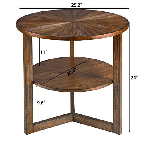 Large Round End Table with Storage Shelf, 25.2" Dia Rustic Beside Tables with Umbrella Top, Traditional Circular Sofa Side Table- Telephone Table for Living Room Easy Assembly, Vintage Brown CJZ3338NC