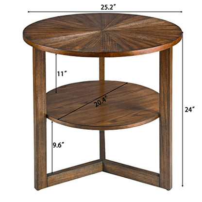 Large Round End Table with Storage Shelf, 25.2" Dia Rustic Beside Tables with Umbrella Top, Traditional Circular Sofa Side Table- Telephone Table for Living Room Easy Assembly, Vintage Brown CJZ3338NC