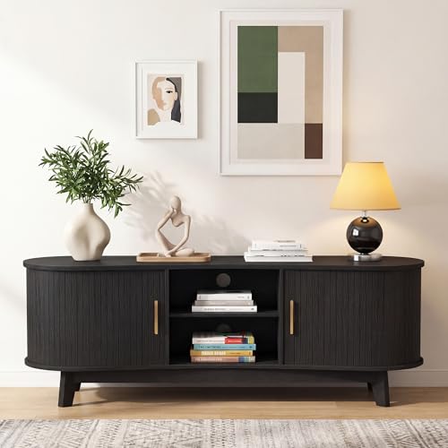 Mid Century Modern TV Stand for 65" TVs, Fluted TV Stands Black, view 2