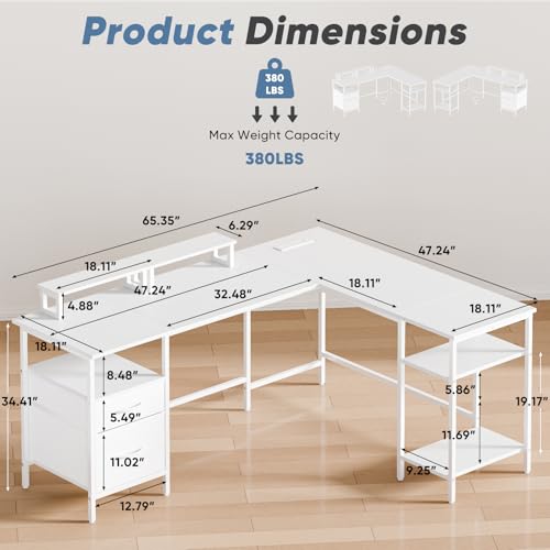 62” L Shaped Desk with Drawers and Power Outlet, White, view 4