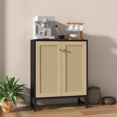 Rattan Decorated 2 Doors Storage Cabinet Accent Cabinet Living Room Cupboard Kitchen Sideboard Buffet Table (Black)