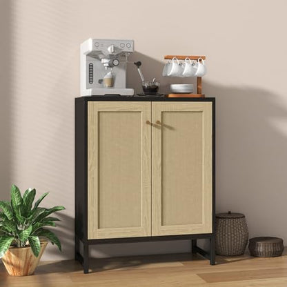 Rattan Decorated 2 Doors Storage Cabinet Accent Cabinet Living Room Cupboard Kitchen Sideboard Buffet Table (Black)