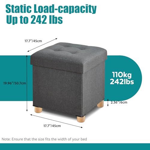 Ottoman with Storage, Square Storage Ottoman for Dorm, Linen Folding Ottoman Foot Stool with Legs for Living Room and Bedroom, 17.7"x17.7"x20" - Gray