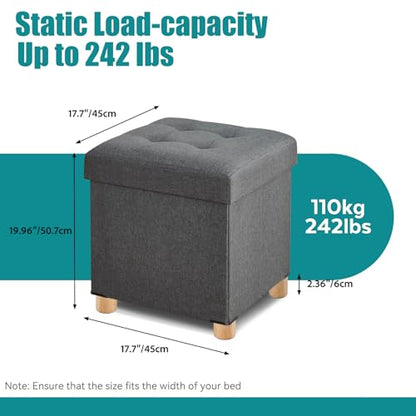 Ottoman with Storage, Square Storage Ottoman for Dorm, Linen Folding Ottoman Foot Stool with Legs for Living Room and Bedroom, 17.7"x17.7"x20" - Gray